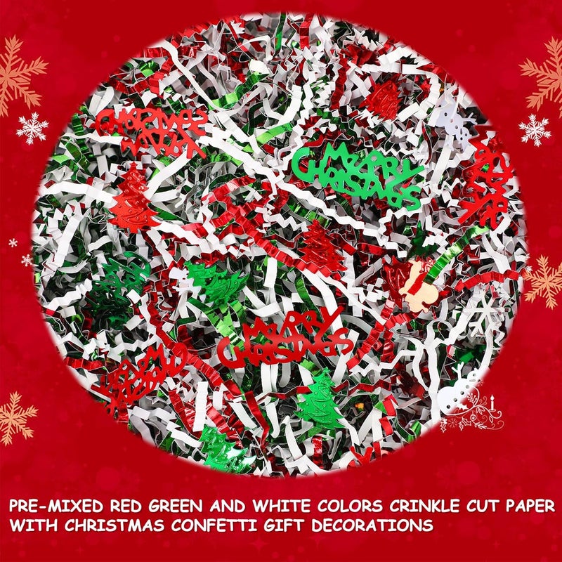 Jansun 1 LB Christmas Crinkle Cut Paper Shred, Metallic Red Green White Raffia Cut Paper Shred Filler with Xmas Tree Snowman Santa Confetti for Gift Wrapping Craft Basket Filler Christmas Gift Decorations - Image 4
